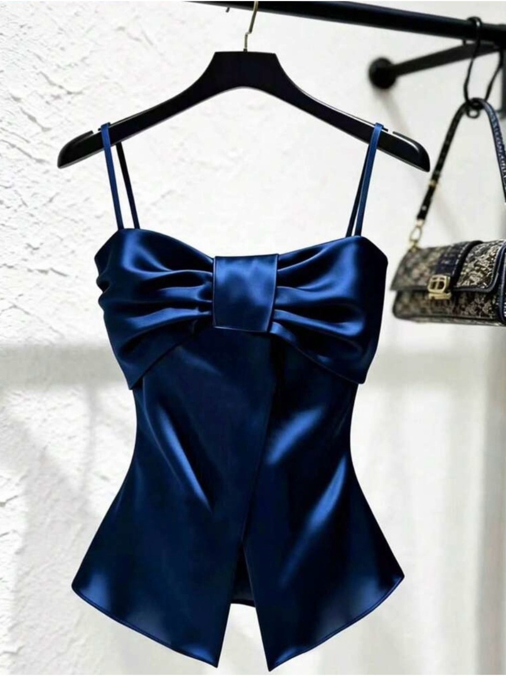 Navy Satin Bow-Front Spaghetti Strap Camisole